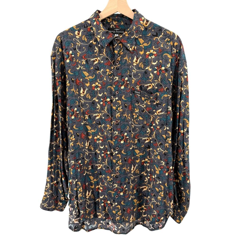 Vintage 90s Guess Georges Marciano Gray Floral Print Oversized Button-Up Shirt